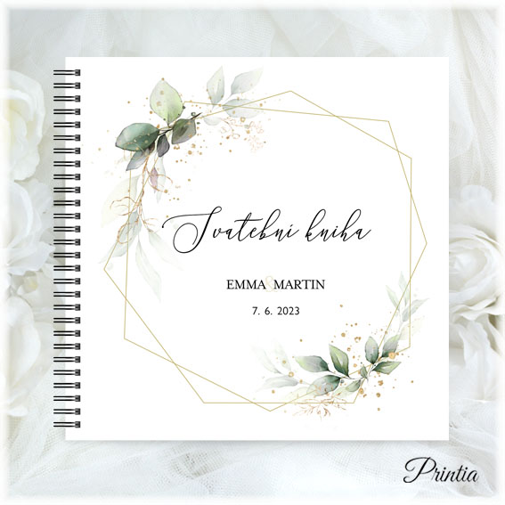 Geometric wedding book with green leaves