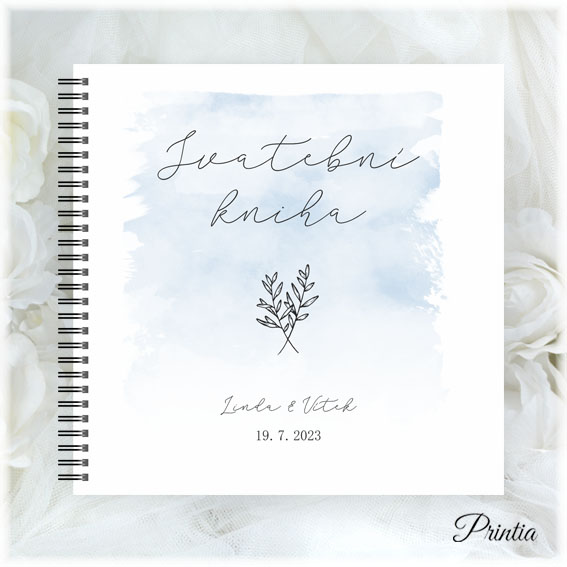 Wedding book with blue watercolor background and twig