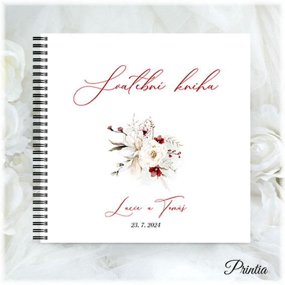 Wedding book with red and white flowers