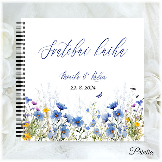 Wedding book with a meadow of blue flowers
