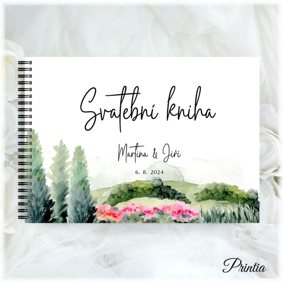 Wedding book with landscape and cypress trees