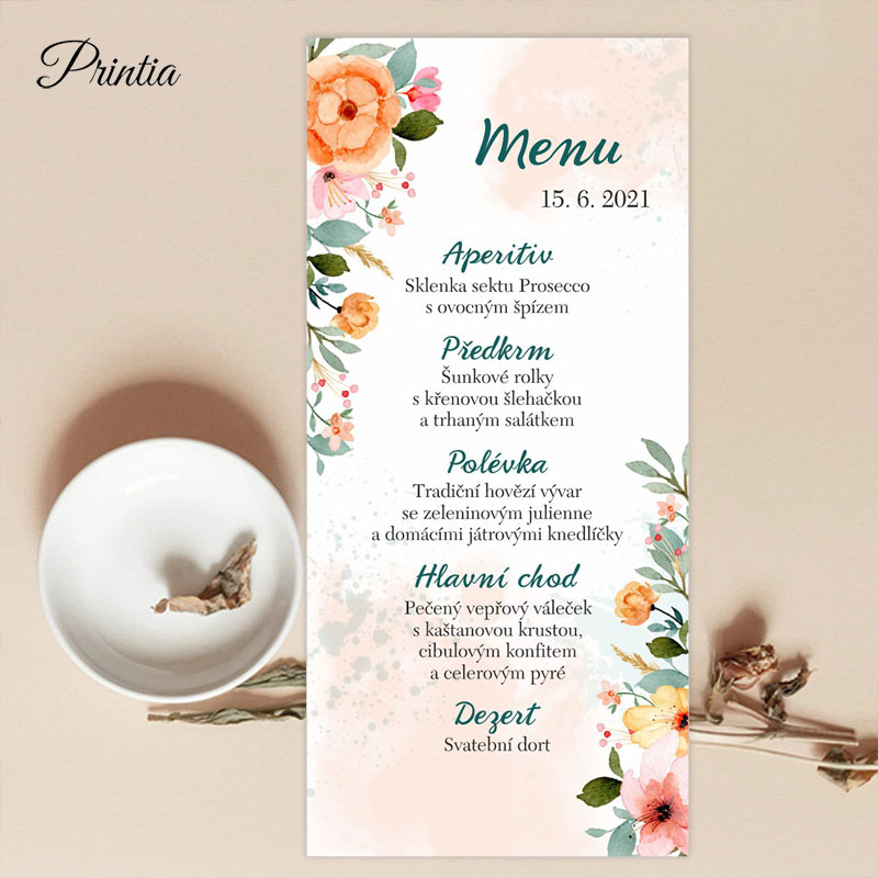 Wedding menu with colorful flowers