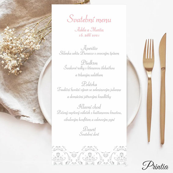 Svatební menu se stříbrným ornamentem