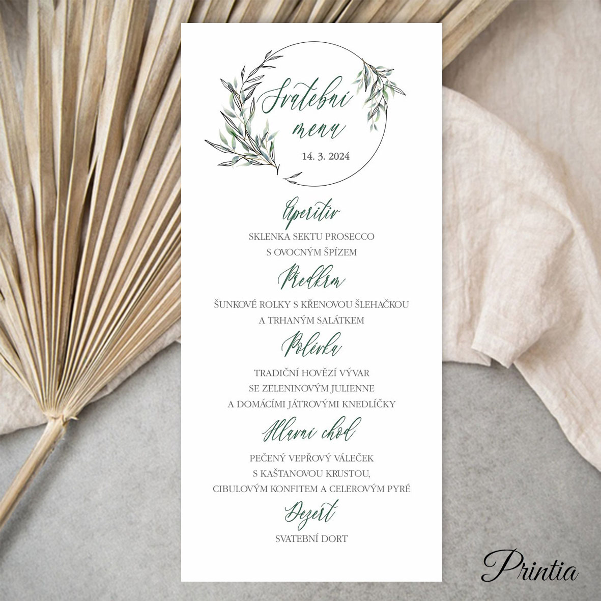 Wedding menu with a wreath of twigs