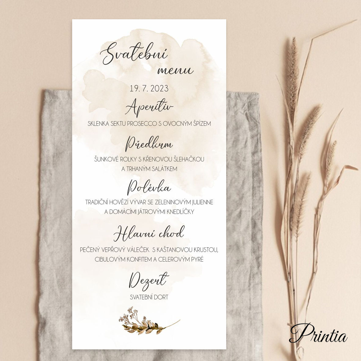 Wedding menu with twig and watercolor background 