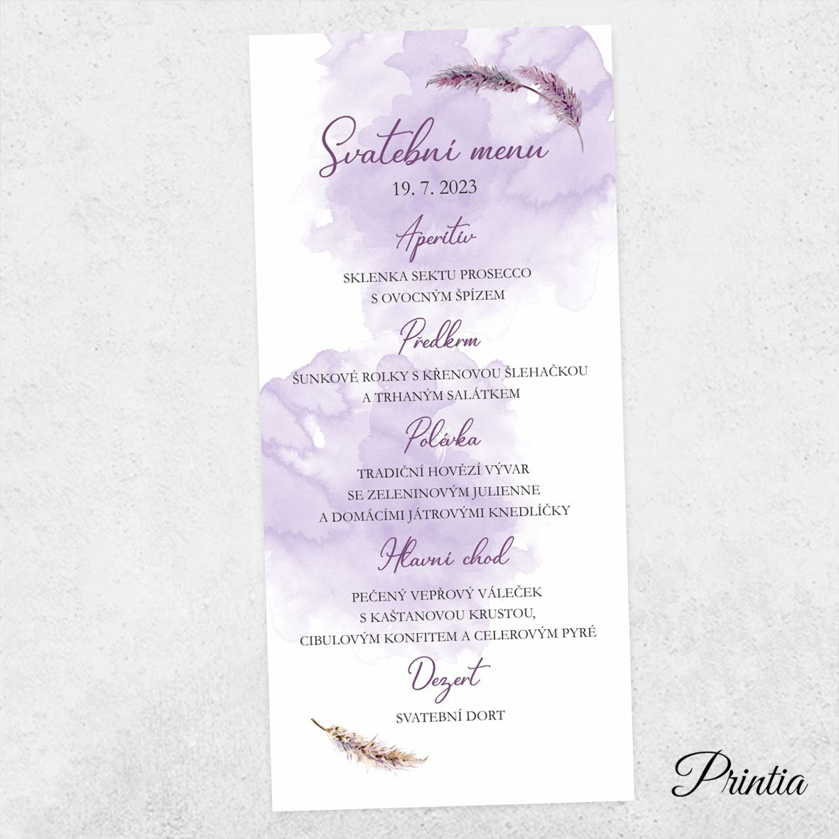 Svatební menu s lila akvarelovým pozadím a větvičkami