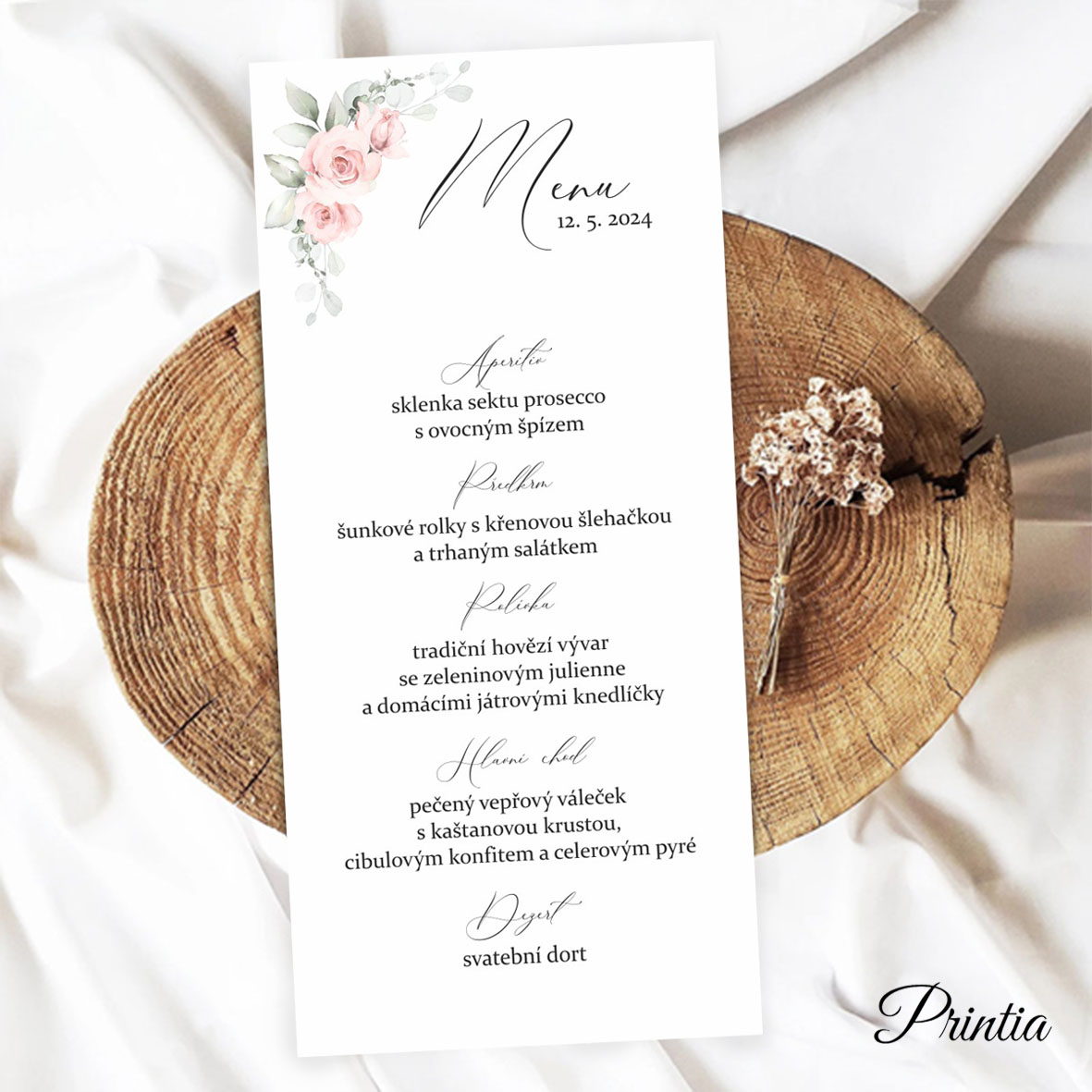 Wedding menu with pink flowers