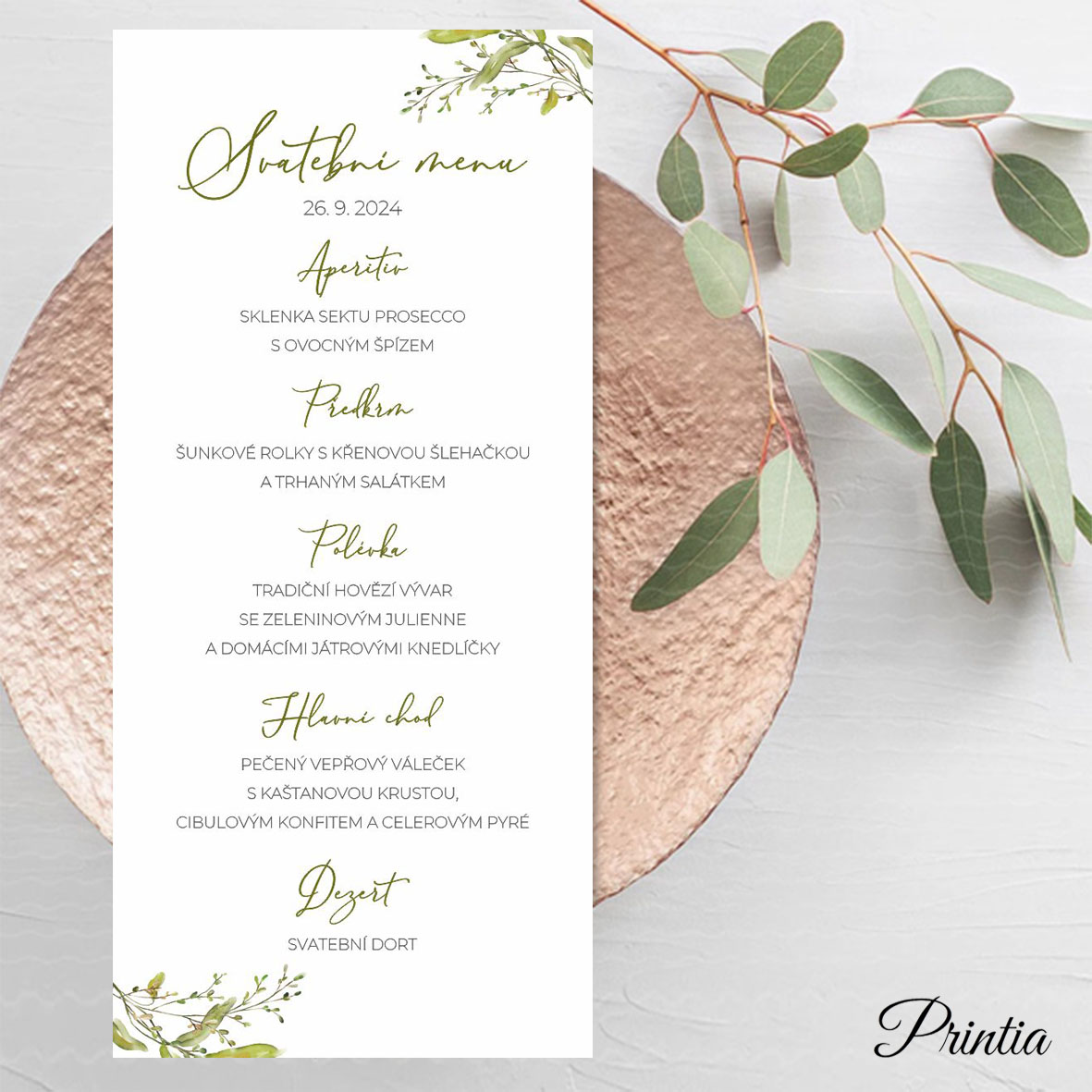 Svatební menu s akvarelovými větvičkami