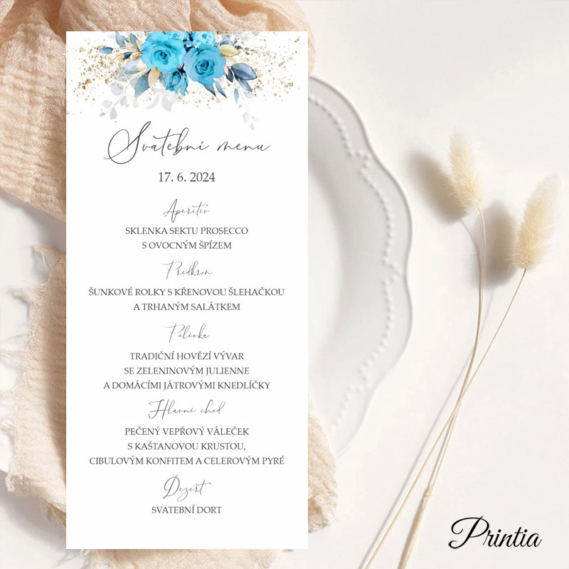 Svatební menu s tyrkysovými květinami
