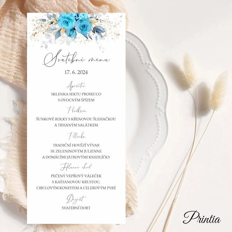 Wedding menu with turquoise flowers