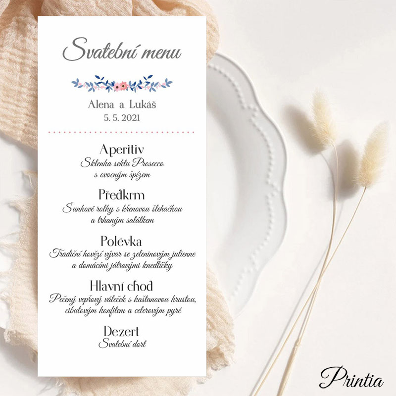 Wedding menu with blue pink branch