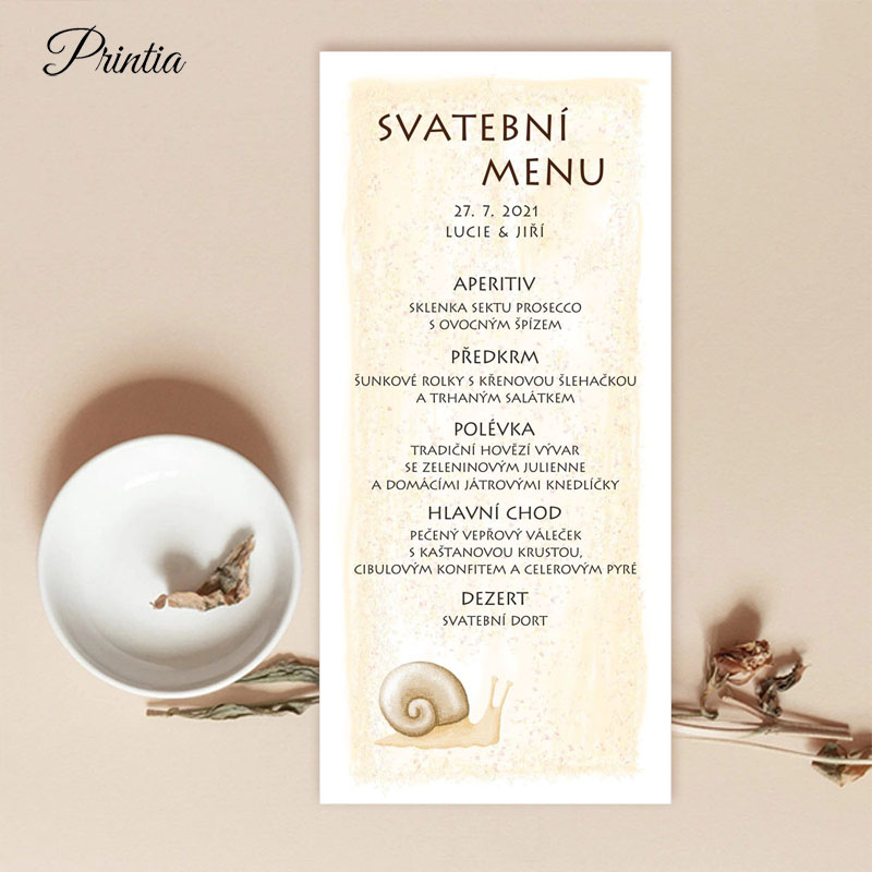 Wedding menu with drawing of snails