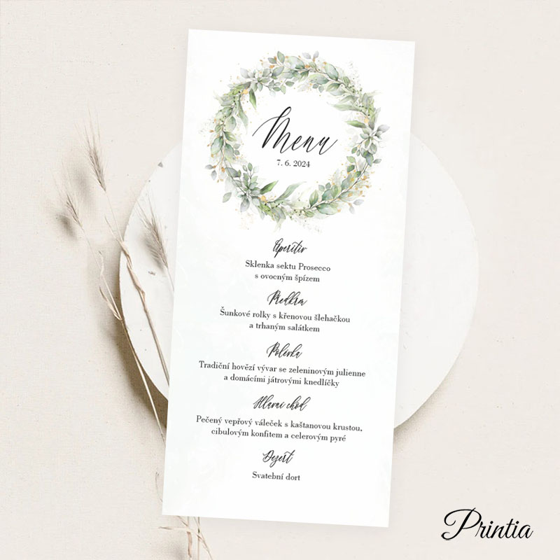 Wedding menu with eucalyptus wreath