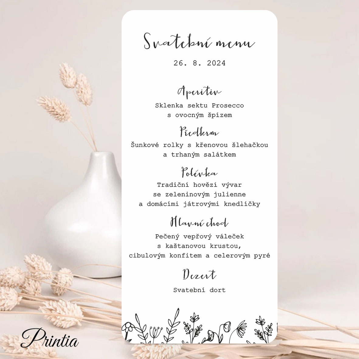 Wedding menu with simple drawn flowers 