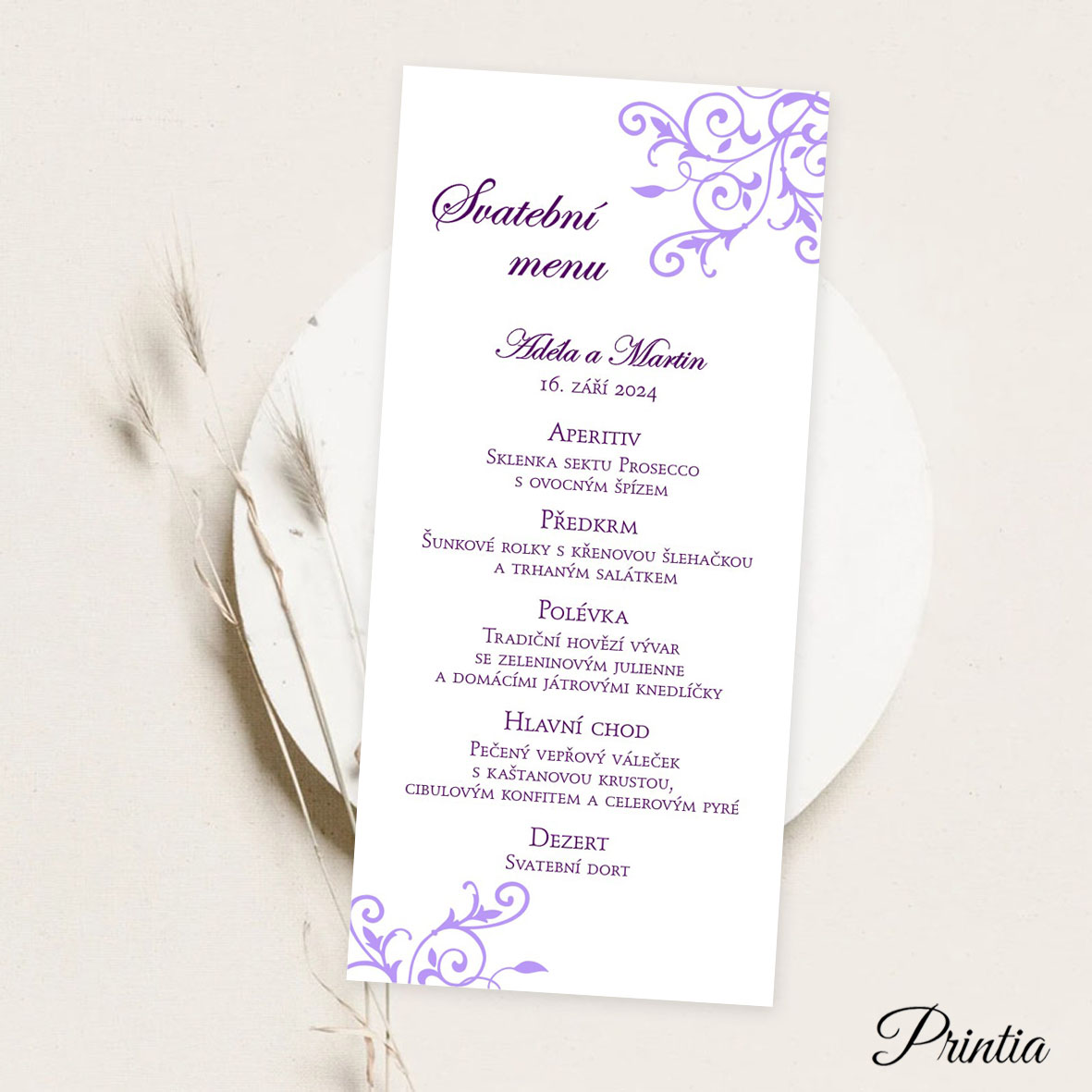 Wedding menu with purple ornaments