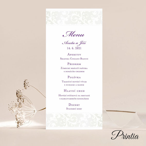 Svadobné menu s lesklým ornamentom
