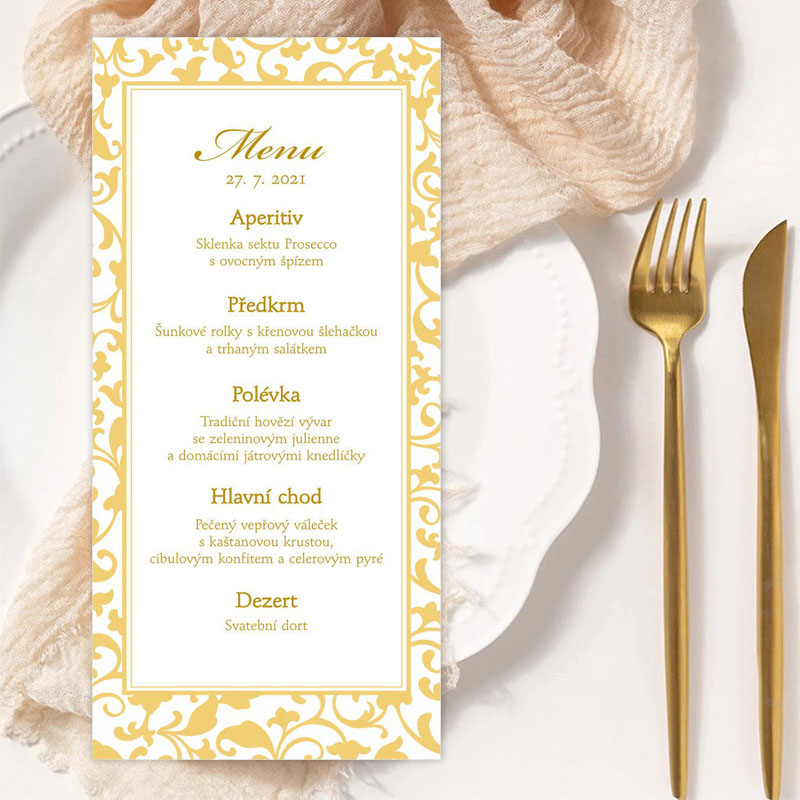 Svatební menu zlatý ornament