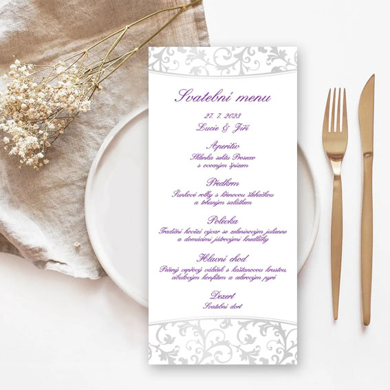 Svatební menu s perleťovým ornamentem