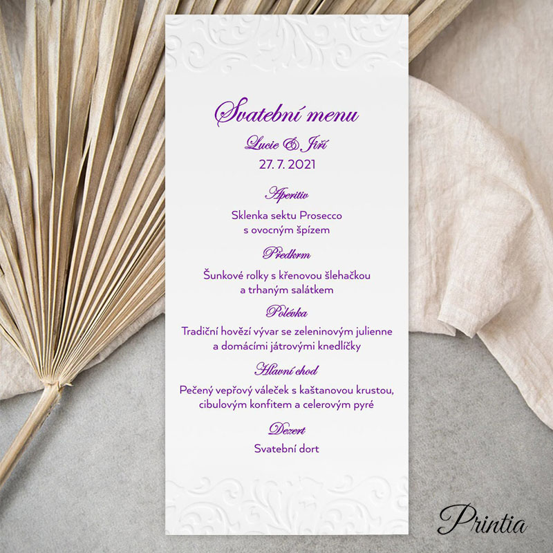 Wedding menu with embossed ornament