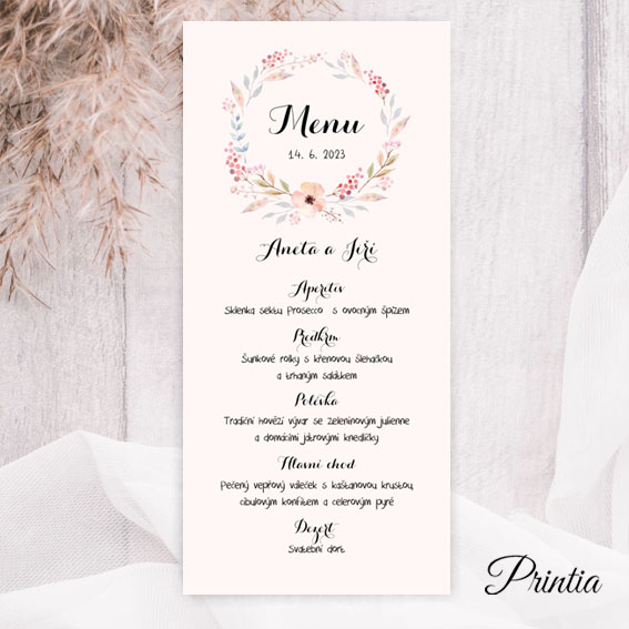 Wedding menu with floral wreath
