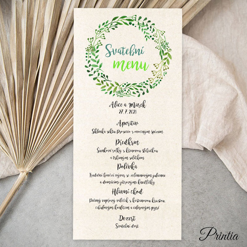 Wedding menu with green wreath