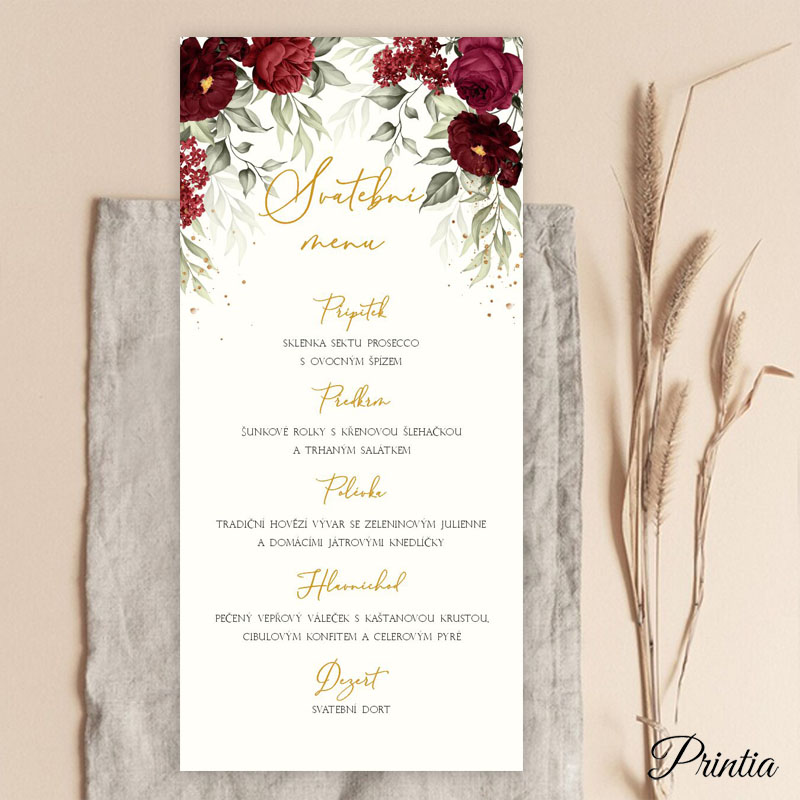 Wedding menu with red flowers