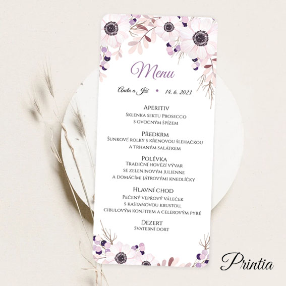Svatební menu s květy sasanek