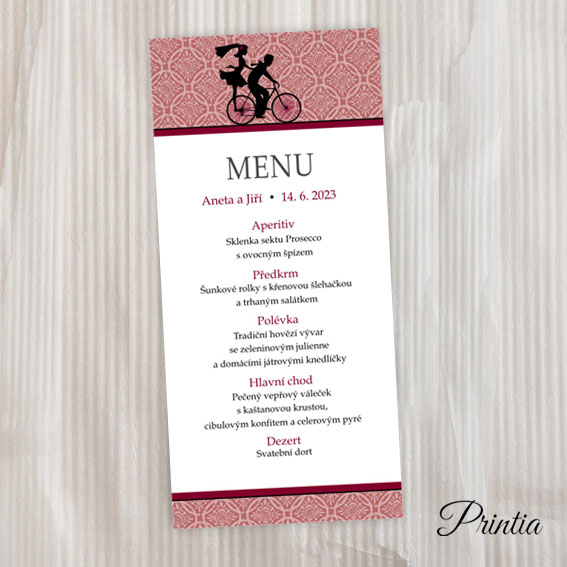 Wedding menu couple on bicycle