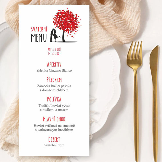 Wedding menu with couple under tree