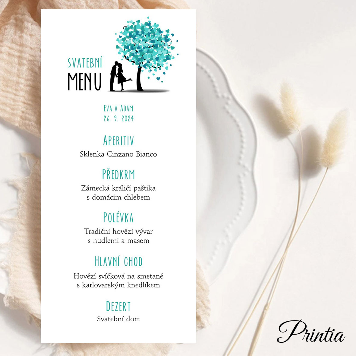 Wedding menu with turquoise tree