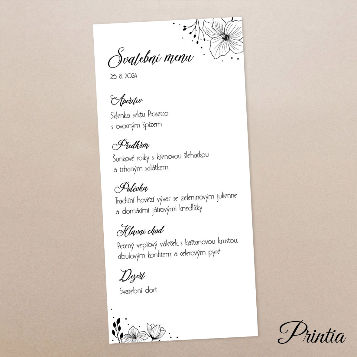 Wedding menu with simple black flowers