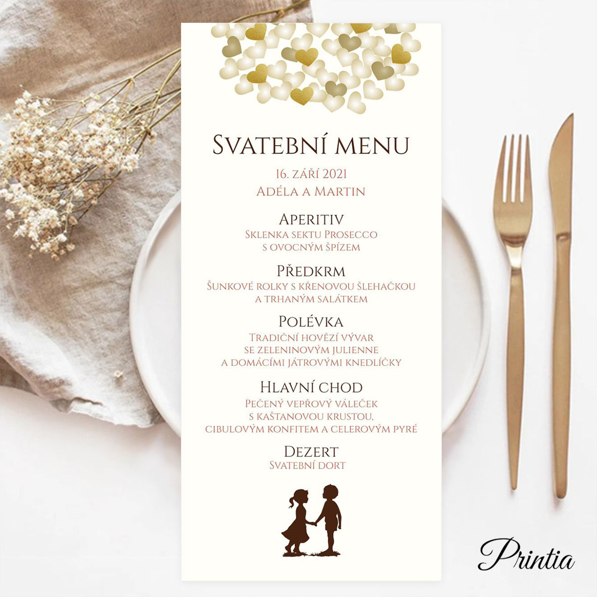 Svatební menu s lesklými srdci