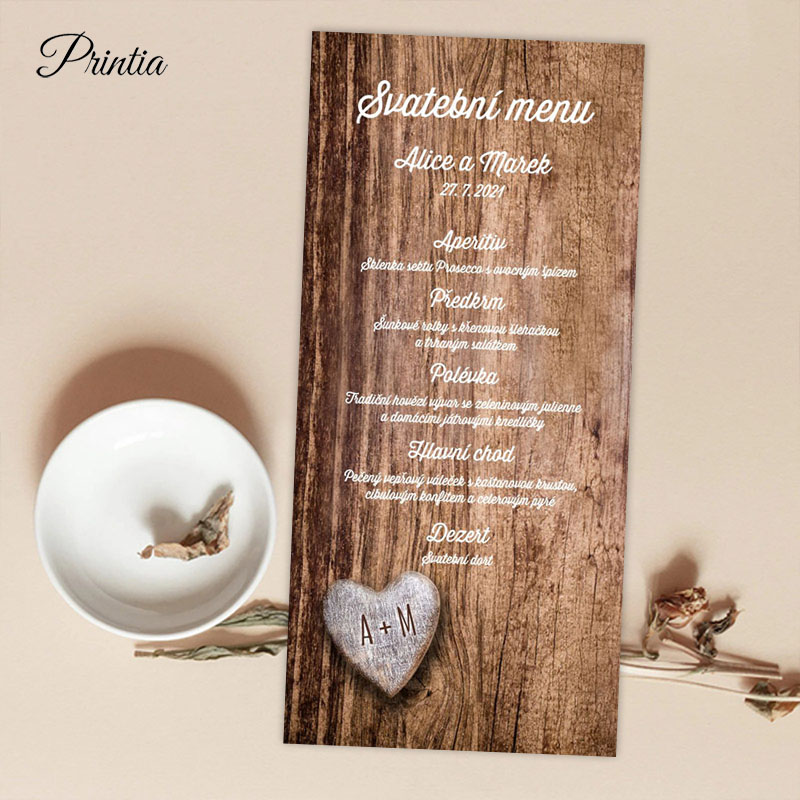 Wooden heart wedding menu