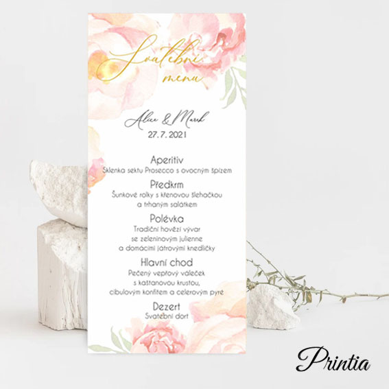 Wedding menu with watercolor flowers