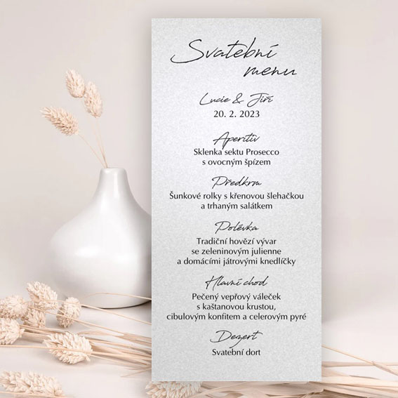 Svatební menu na perleťovém papíře