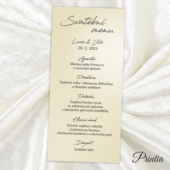 Wedding menu on creamy metallic paper