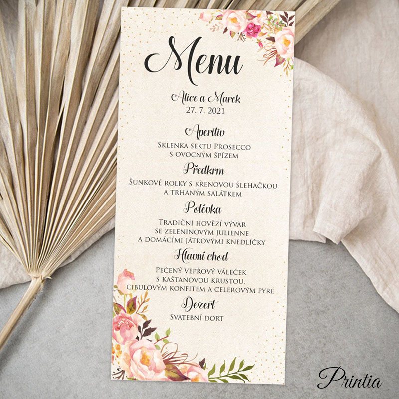 Svatební menu s květinami a tečkami