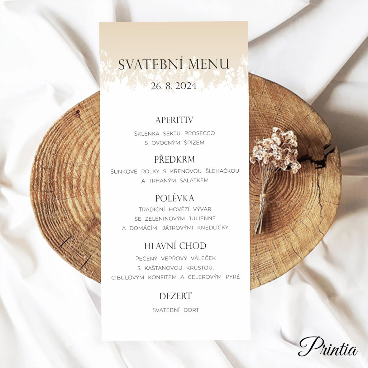 Svadobné menu s obrysmi lúčnych kvetov