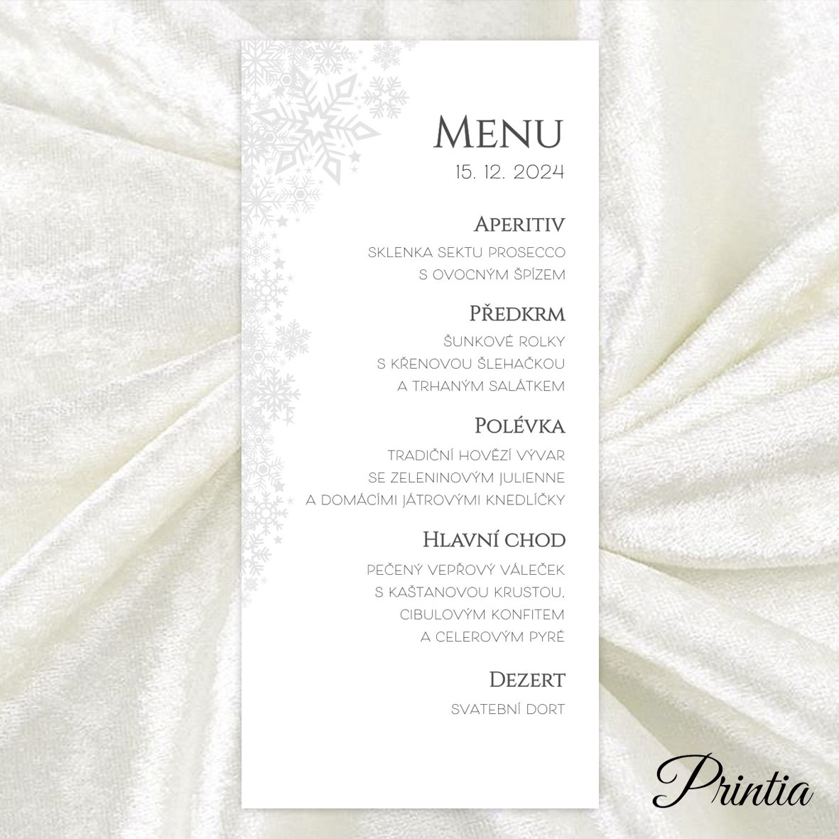 Winter wedding menu with snowflakes