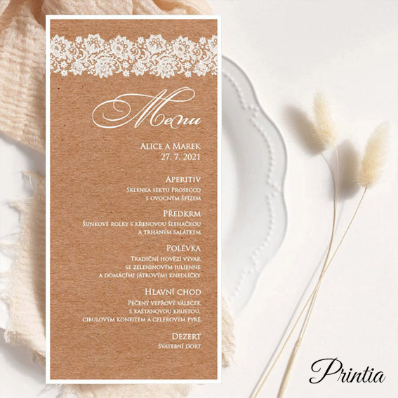 Rustikální svatební menu s krajkou