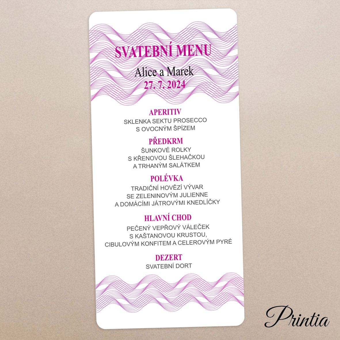 Wedding menu with wavy lines