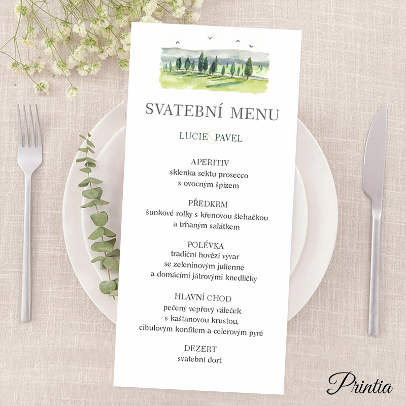 Wedding menu with a path through the trees