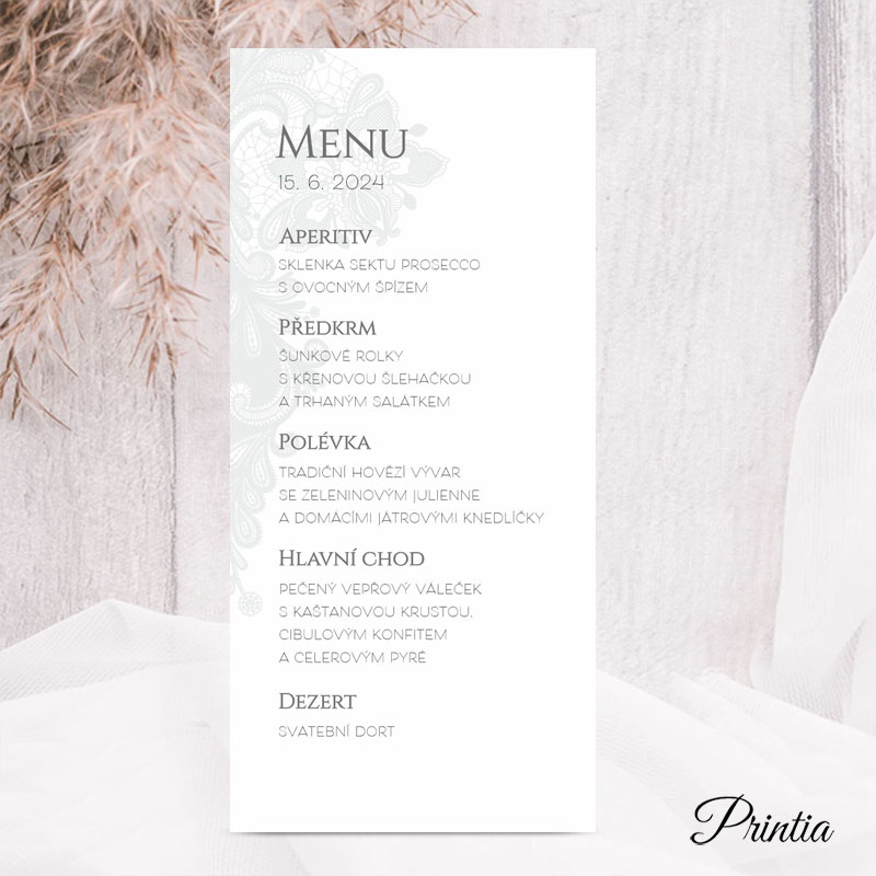 Wedding menu with printed lace motif