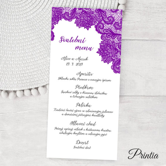 Svatební menu s fialovou krajkou