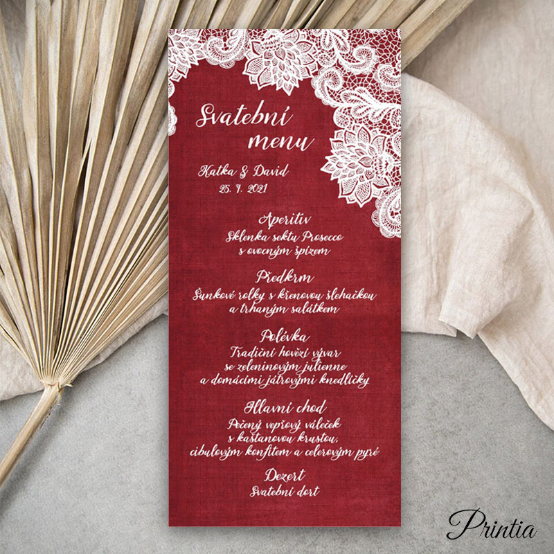 Burgundy wedding menu with lace