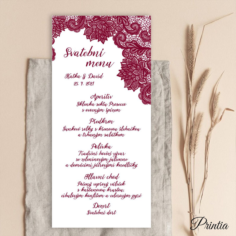 Wedding menu with burgundy lace