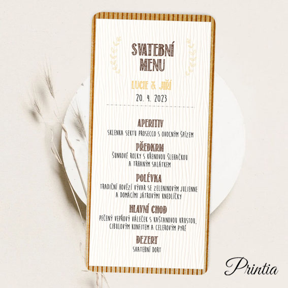 Svatebni menu s dřevěnou strukturou