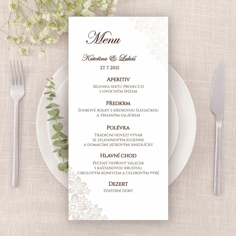 Svadobné menu s perleťovým kvetinovým ornamentom