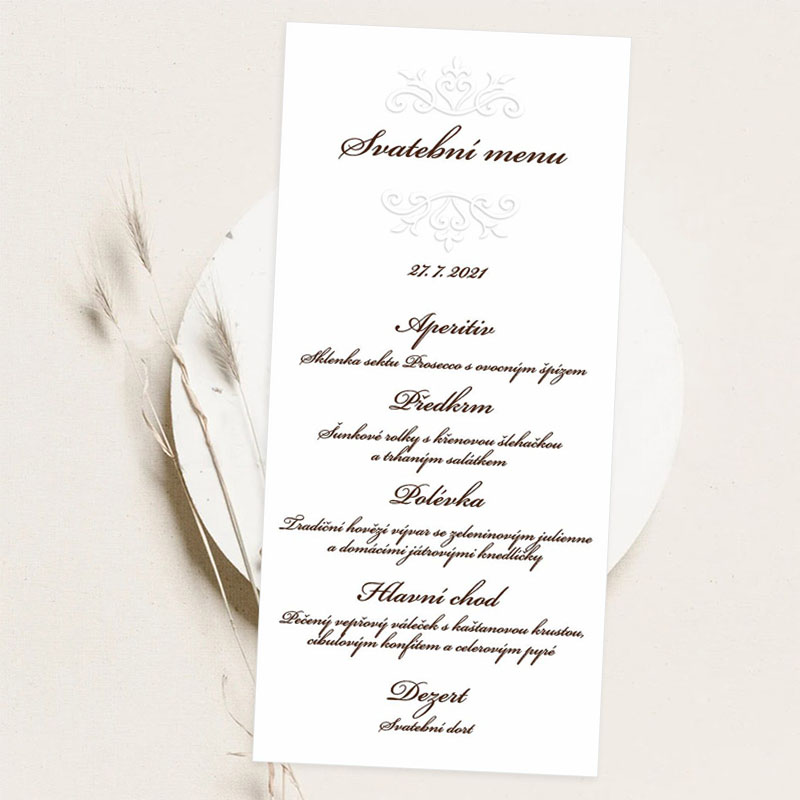 Wedding menu with debossed ornament