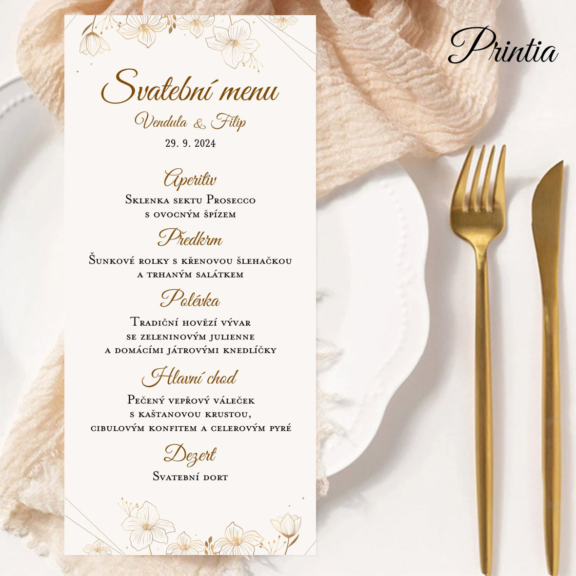 Wedding menu with flowers and lines